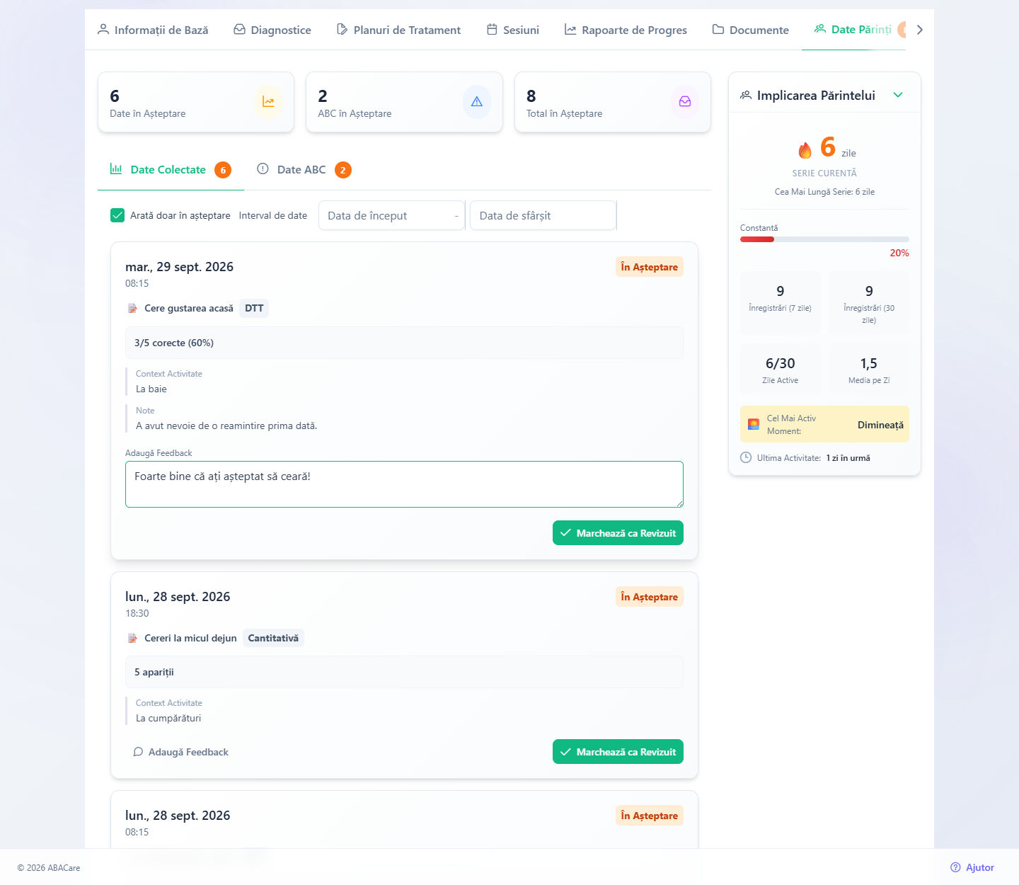 Fila Date Părinți a unui beneficiar în aplicația web, cu numărătorile în așteptare, lista Date Colectate și feedback scris pe o înregistrare de practică acasă