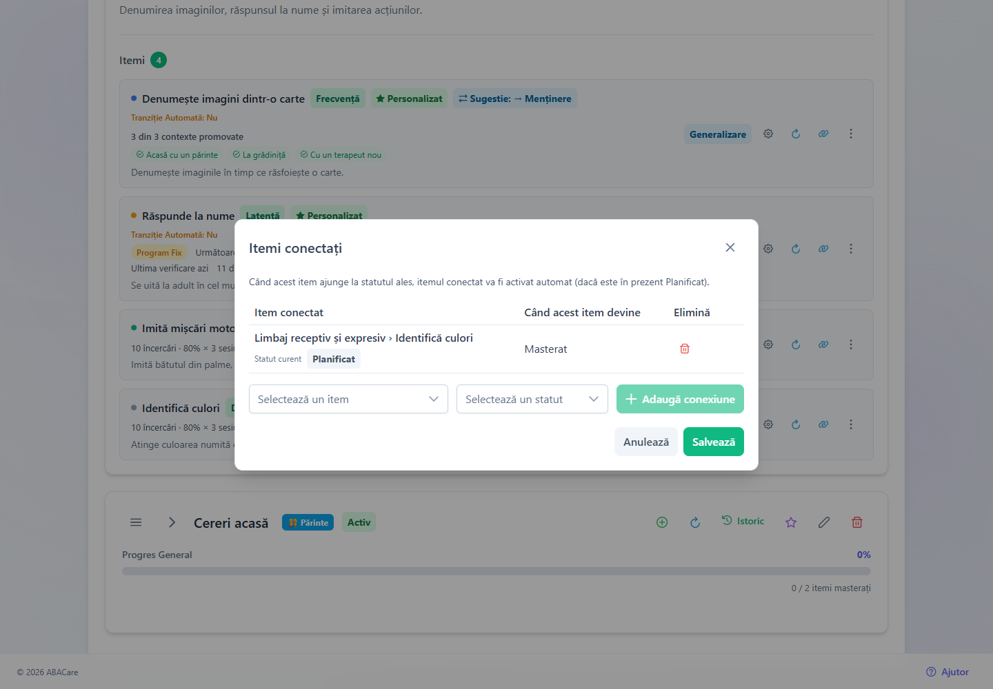 Fereastra Itemi conectați în aplicația web, cu un item Planificat și statutul Masterat alese și noua conexiune adăugată în listă