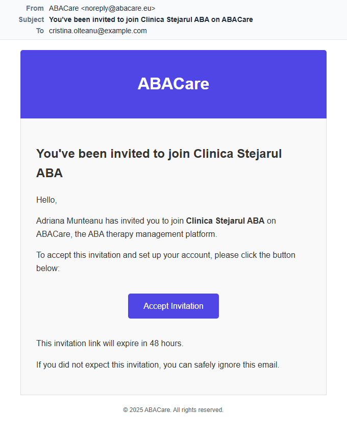 Emailul de invitație de la ABACare, cu butonul Accept Invitation