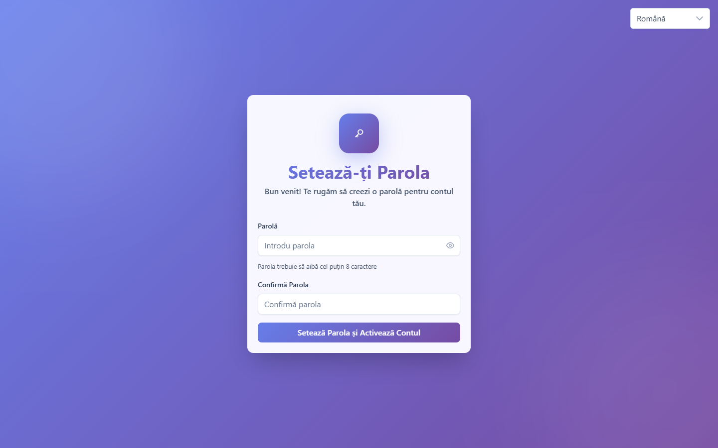 Pagina Setează-ți Parola, cu câmpurile Parolă și Confirmă Parola