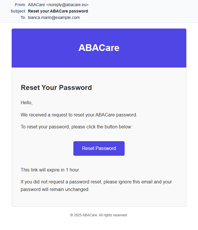 Emailul de resetare a parolei de la ABACare, cu butonul Reset Password