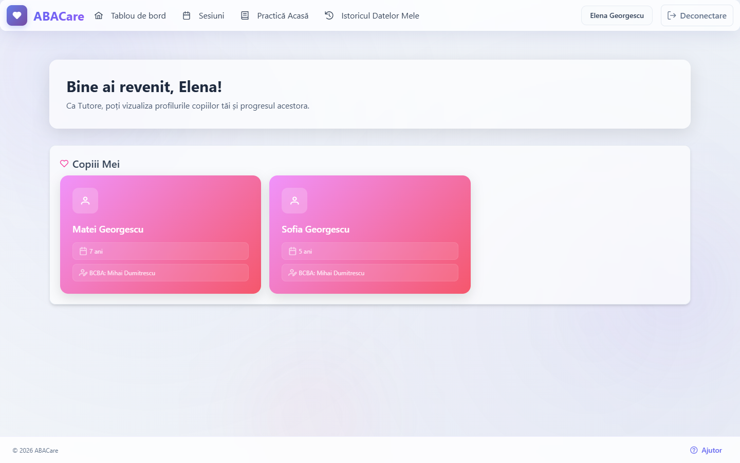 Tabloul de bord al unui părinte în aplicația web, cu un copil și meniul pentru părinți