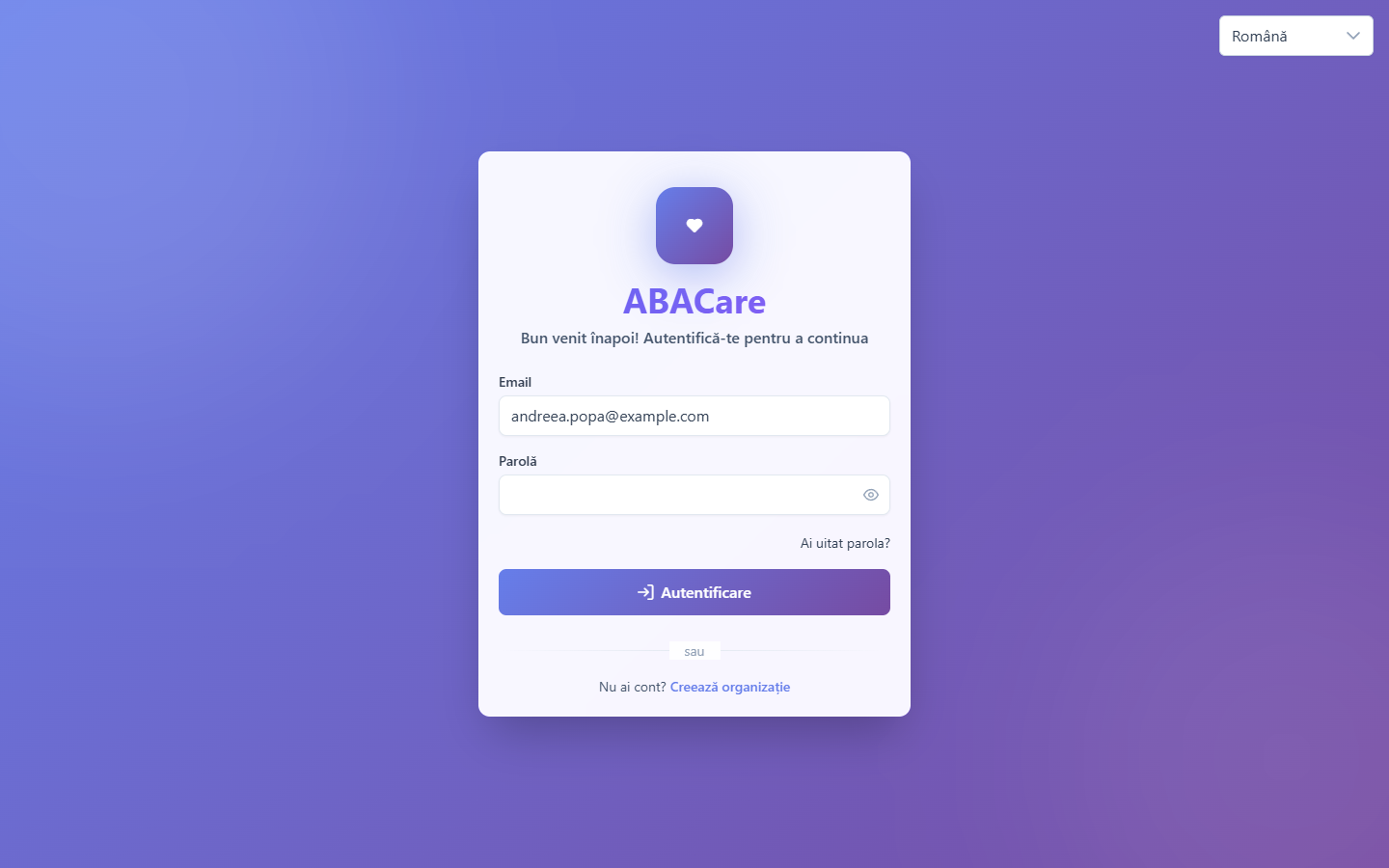 Pagina de autentificare web ABACare, cu câmpurile Email și Parolă și butonul Autentificare