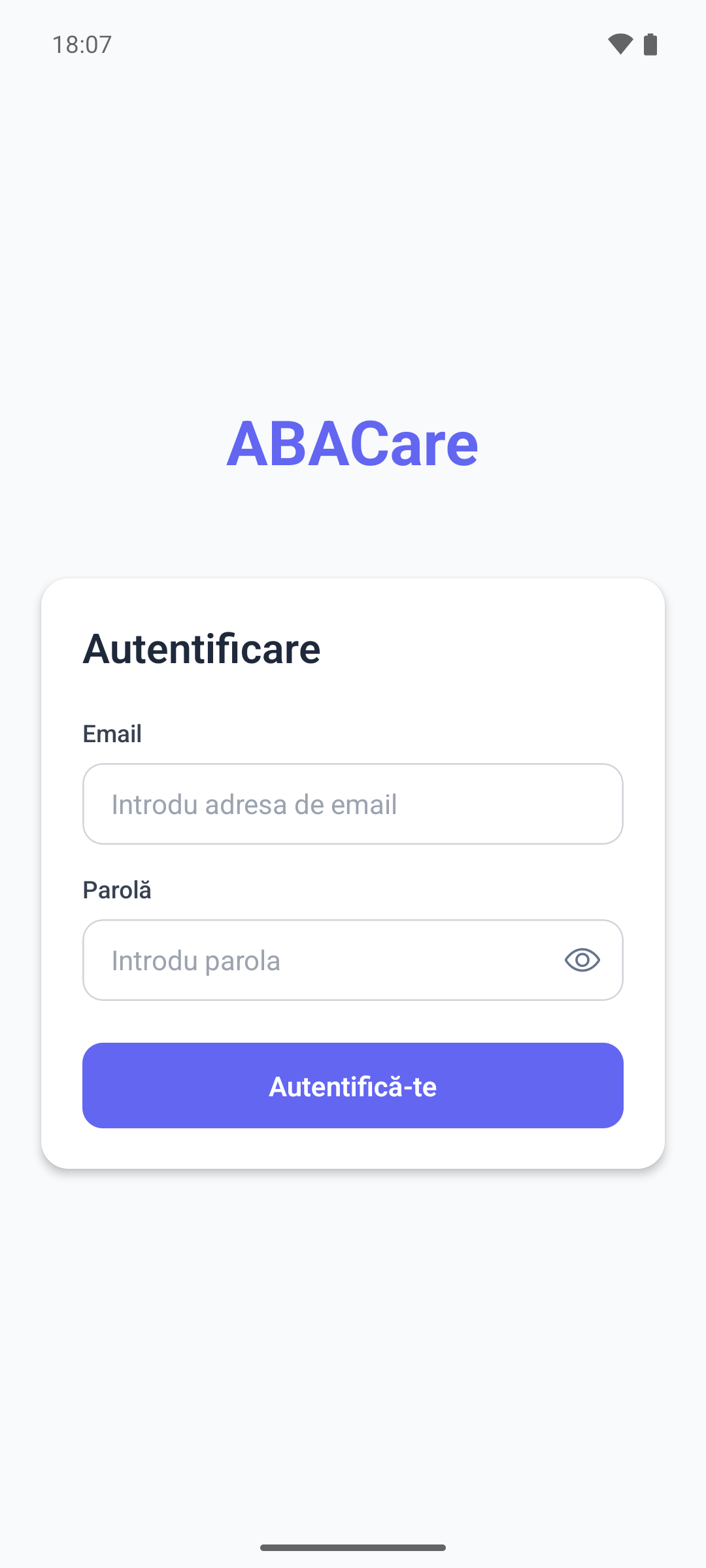 Ecranul de autentificare al aplicației mobile, cu câmpurile Email și Parolă