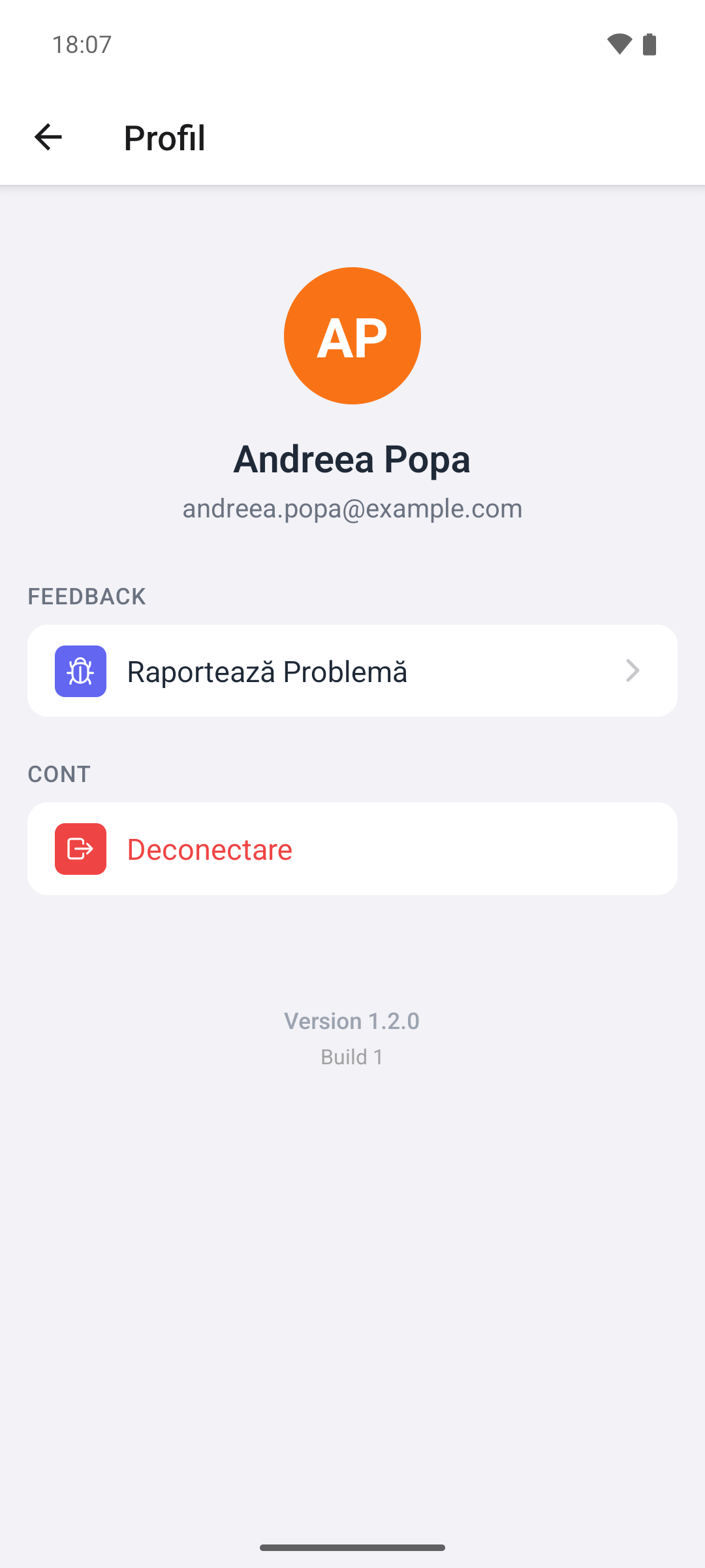 Ecranul Profil din aplicația mobilă, cu Deconectare la secțiunea Cont