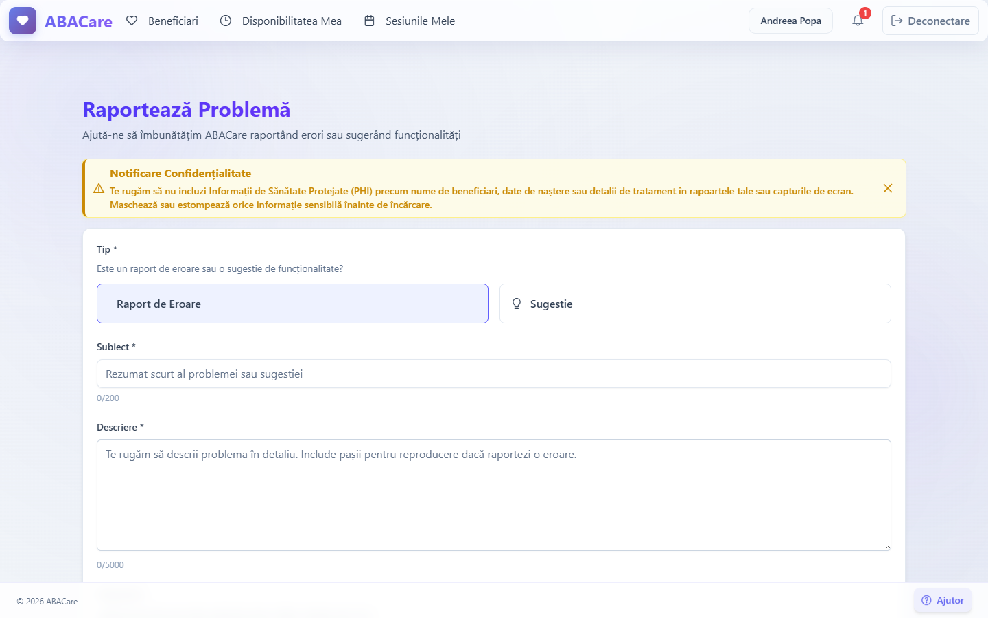 Pagina Raportează Problemă din aplicația web, cu câmpurile Tip, Subiect, Descriere și Atașament