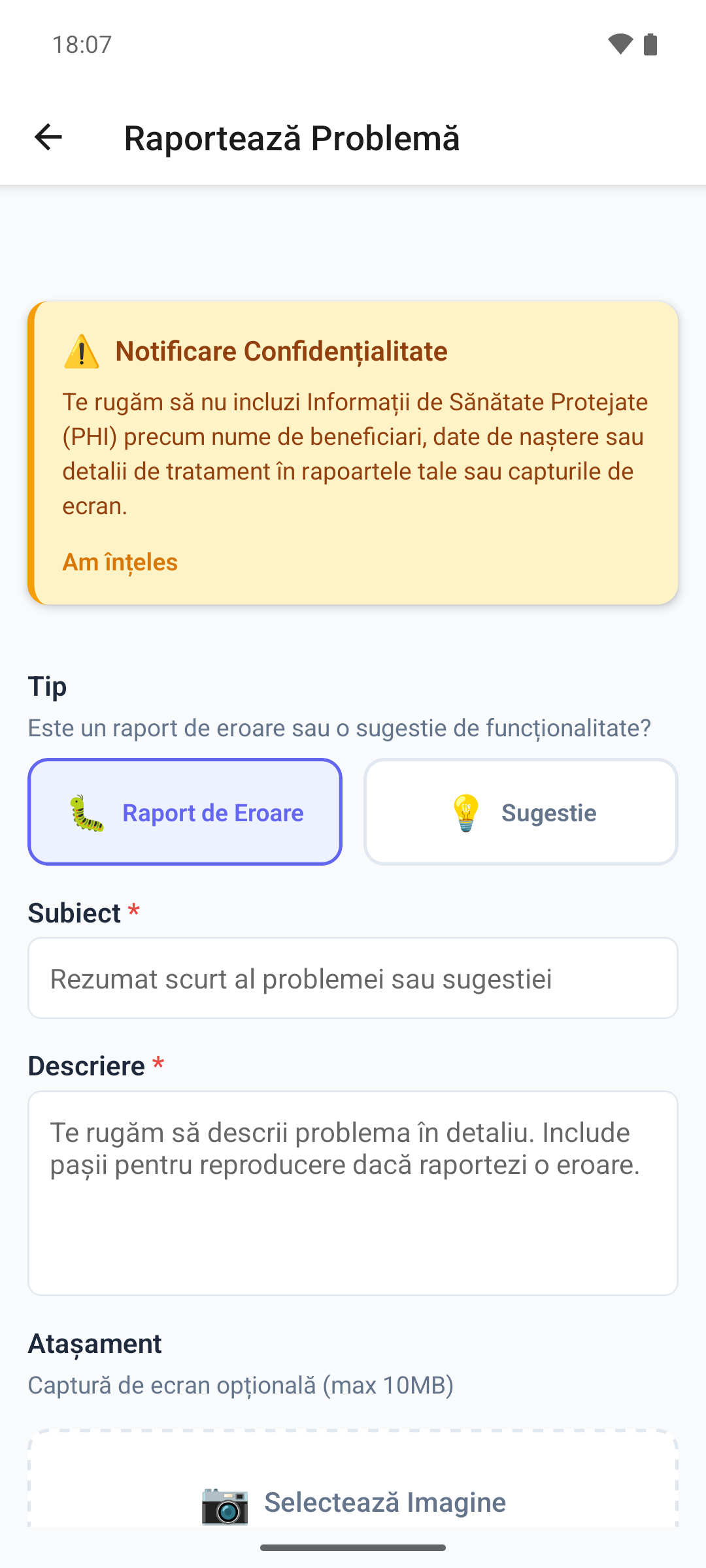 Ecranul Raportează Problemă din aplicația mobilă, cu opțiunile Raport de Eroare și Sugestie