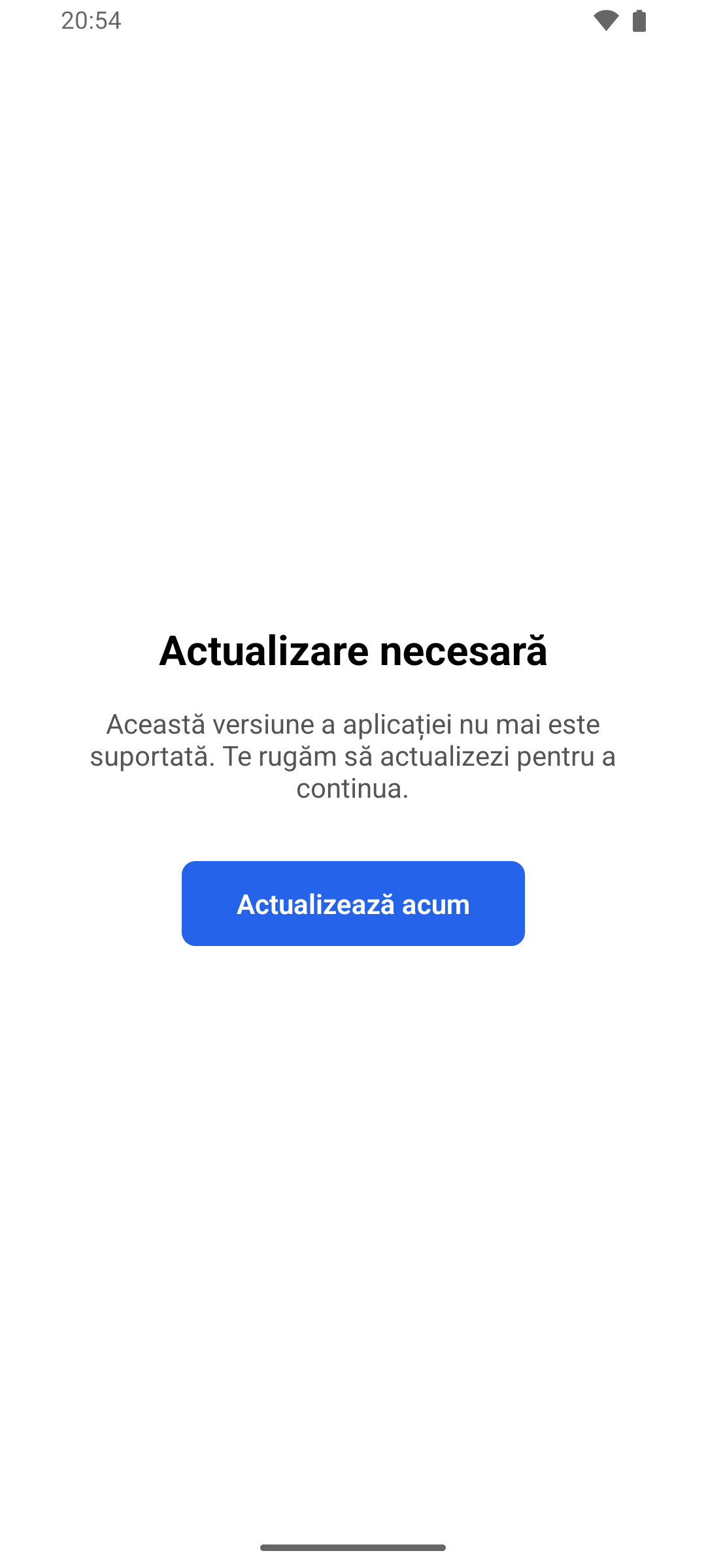 Ecranul Actualizare necesară din aplicația mobilă, cu butonul Actualizează acum
