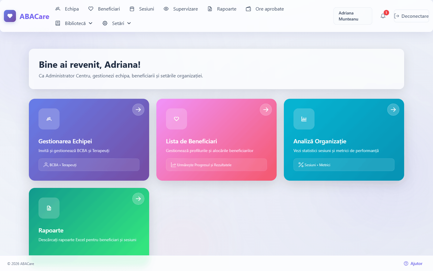 Aplicația web ABACare a unui Administrator, cu meniul sus și Ajutor jos