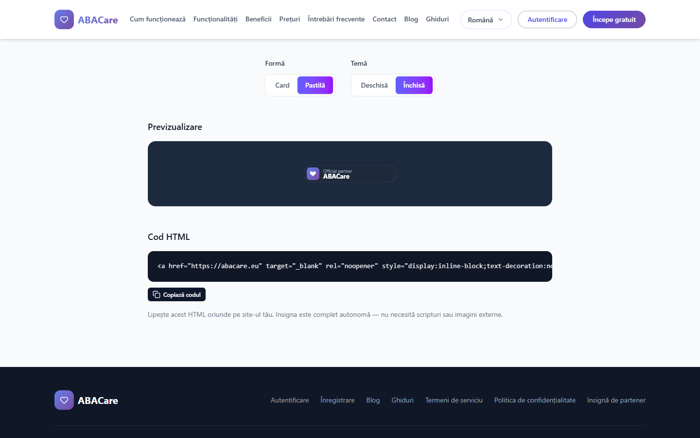 Pagina Insignă de partener cu forma Pastilă și tema Închisă alese, insigna pastilă în previzualizarea închisă și codul ei HTML