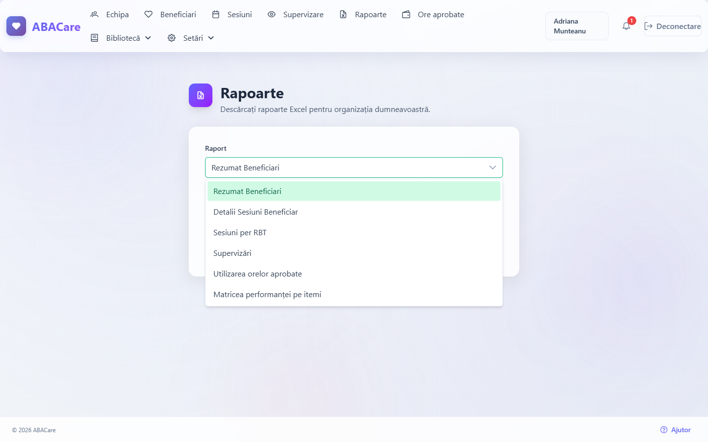 Pagina Rapoarte a Administratorului Centru cu lista Raport deschisă, care arată cele șase rapoarte