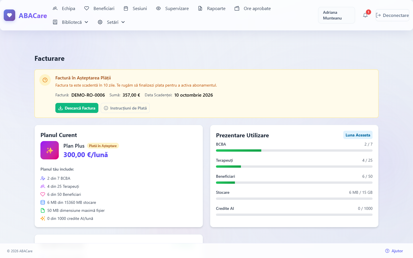 Bannerul Factură în Așteptarea Plății de pe pagina de facturare, cu numărul facturii, suma și data scadenței și butoanele Descarcă Factura și Instrucțiuni de Plată