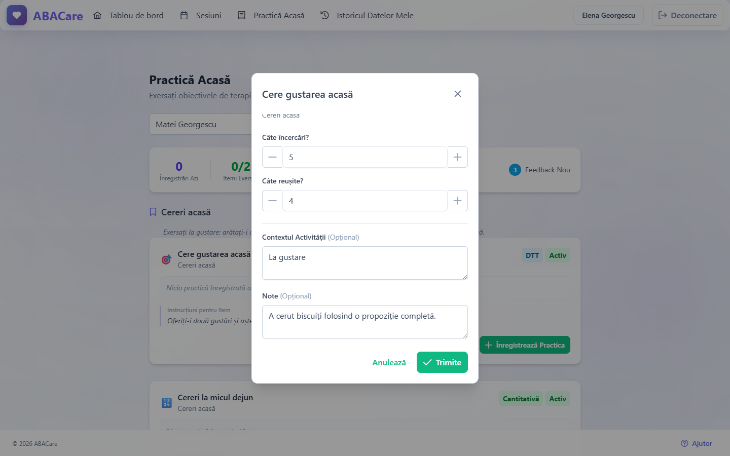 Fereastra de înregistrare a practicii pentru un item în aplicația web pentru părinți, cu încercările și reușitele completate, contextul activității și notele