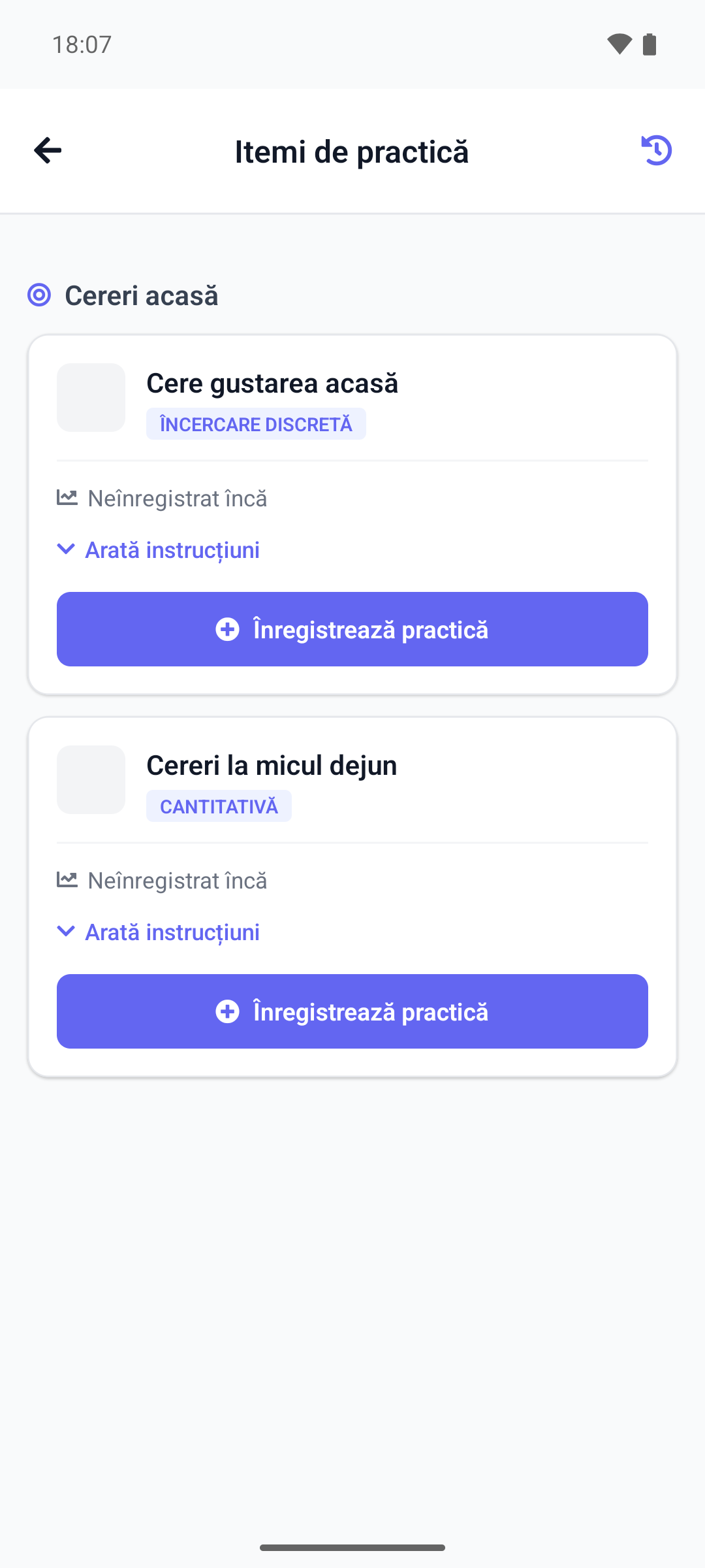Ecranul Itemi de practică din aplicația mobilă, cu itemii sub obiectivul lor, rezultatul de azi pe fiecare și butonul Înregistrează practică