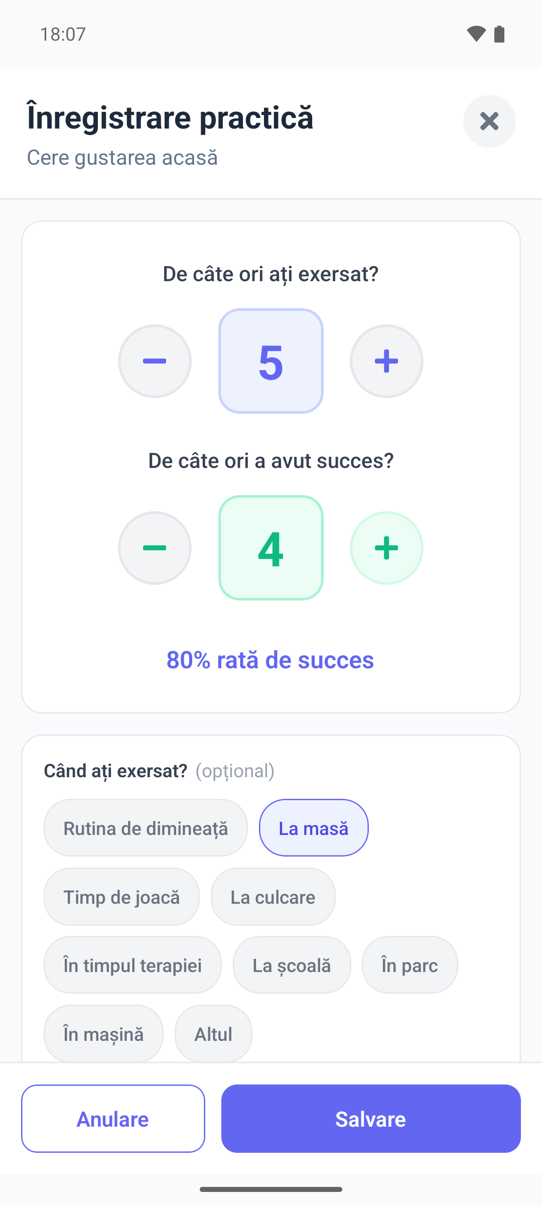 Fereastra Înregistrare practică din aplicația mobilă, cu contoarele plus și minus pentru exersări și reușite și variantele de la Când ați exersat?