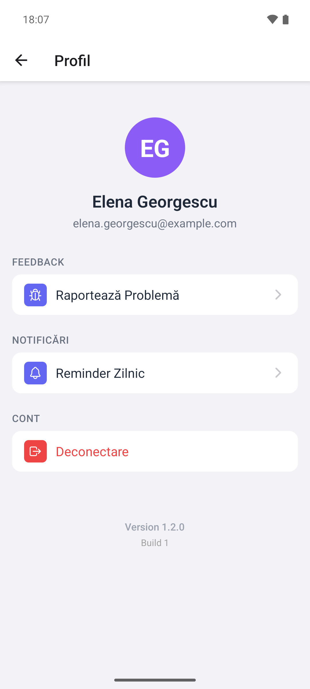 Ecranul Profil din aplicația mobilă, cu elementul Reminder Zilnic în secțiunea Notificări