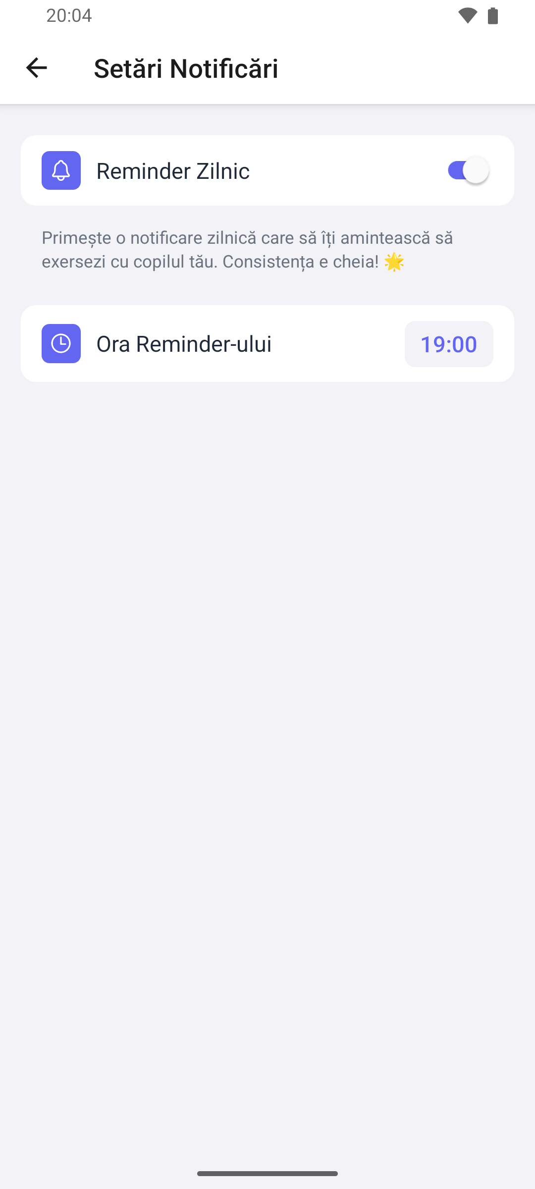 Ecranul Setări Notificări din aplicația mobilă, cu comutatorul Reminder Zilnic pornit și rândul Ora Reminder-ului